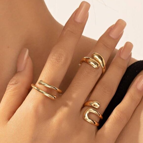 Jewelry - 3-Piece Adjustable Modern Ring Set – Sculptural Statement Bands, 18K Gold Filled